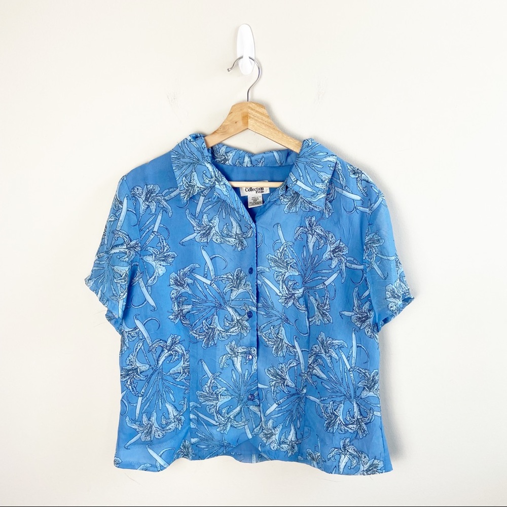Style Co Blue Floral Button Down Short Sleeve Blouse